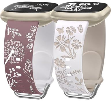 Wearlizer 2 Packs Floral Gravierte Armbänder Kompatibel mit Fitbit Versa 4/Versa 3 /Sense 2/Sense Damen, Zweifarbig Blume Silikon Sportarmband, Smokey Purple/Weiß & Weiß/Polarstern