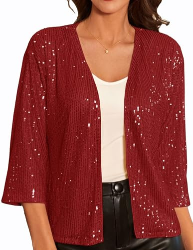 GRACE KARIN Ladies Elegant Bright Red Lightweight Cardigan Sequins Open Front Boleros Long Sleeve Knit Shrug for Dress XXL