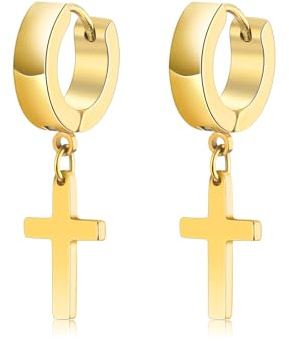 Hoop Earrings for Men Boys, Black/Silver/Gold/Multi-Coloured Vintage Stainless Steel Cross Drop Dangle Hoop Earrings Hypoallergenic Cartilage Earrings Jewellery Gifts for Graduation Easter Christmas
