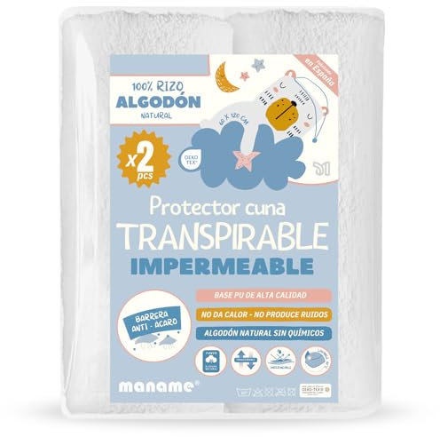 2 Protectores Colchón Cuna 100% Algodón 60x120 Impermeable Transpirable Antiácaros – Protector Cubre Colchon Cuna Ajustable Certificado OekoTEX y BI-OME® Technology- Funda Protectora Hecha En España
