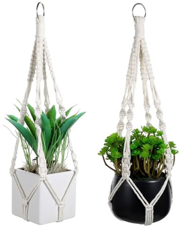 Nogeqi 2 Pack Macrame Plant Hanger Indoor, Handmade Woven Boho Plant Hanger Without Pot 20‘’ Hanging Macrame Plant Holder, Macrame Hanging Planter No Tassels for Indoor Outdoor Home Decor (Ivory)