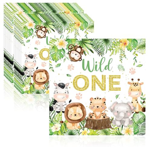 Servietten Geburtstag Servietten Kindergeburtstag Waldtiere, 40 Stück 33 x 33 cm,Servietten Dschungel, Animals Motiv Grün Papierservietten, Tiere Servietten Geburtstag für Geburtstagsfeiern.