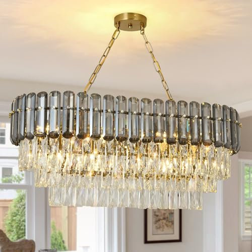 AOOCHOK Luxus Schwarzer Kristall Kronleuchter Modern Pendelleuchte, Oval Hängeleuchte Kristall Lampe, für Wohnzimmer, Esszimmer, Schlafzimmer, Kücheninsel, 80x35cm