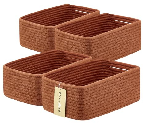 MiniArk Small Storage Baskets for Organizing | Closet Organizer Bins | Shelf Toy Basket | Woven Rope Baskets | Cube Decorative Box | Shallow Basket | 13x8.5x5.1” | 4 Packs Oxide Red