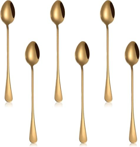 6-Piece Gold Stainless Steel Long Handle Spoons Set (19.5cm) - Elegant Dessert Spoons for Coffee, Cocktails, Ice Cream, Cakes, Hot & Cold Drinks - Dishwasher Safe Baking & Party Utensils
