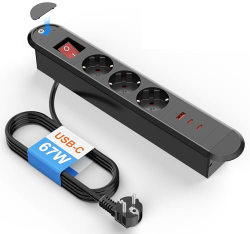 Multiprise Encastrable USB C PD 67W, Prise pour Bureau Encastrable 3 Prise et 2 Ports USB C, Boîtier Métallique, Boîtier métallique, Câble de 1,8 m