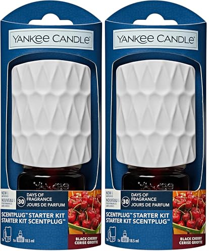 Yankee Candle ScentPlug Starter Kit, Black Cherry Plug In Air Freshener, Up to 30 Days of Fragrance, White Organic Pattern, UK 3 pin plug (Pack of 2)