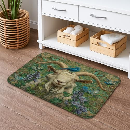 Badematte mit Ziegen- und Flora-Kunstmotiv, von der Natur inspiriert, Vintage-Stil, rutschfeste Duschmatte, Feder-Memory-Schaum, waschbare Teppiche für Badezimmer-Dekoration, 50,8 x 81,3 cm
