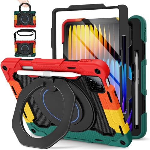 ROISKIN Hülle für Xiaomi Pad 7/Pad 7 Pro 11,2 Zoll 2024,Rot | mit Displayschutz,360 Drehbarer Ständer,Schultergurt,Stifthalter,Heavy Duty Stoßfeste Kinder Hülle für Xiaomi Pad 7