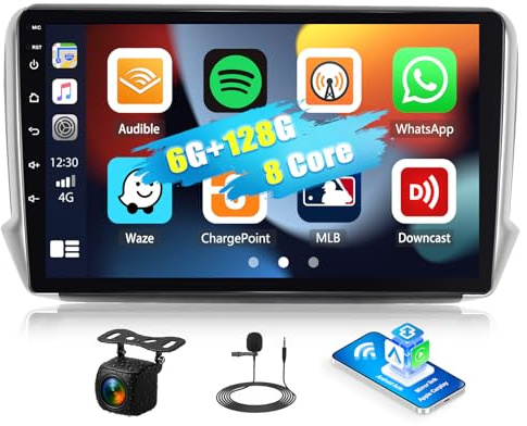 Android 15, 6G+128G 8 núcleos GOHHDL Autoradio 2 DIN para Peugeot 208 2008 2012-2018 Carplay Android Auto, Autoradio de 10,1 Pulgadas con GPS Navi WiFi BT FM/RDS DSP SWC + Cámara Trasera + Mic