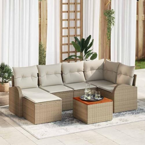 QJBSAVVA Garten-Sofa-Set 7-teilig Beige Poly-Rattan Modular Modern Robust Eckcouch mit Verstecktem Stauraum für Terrasse Balkon Outdoor Lounge