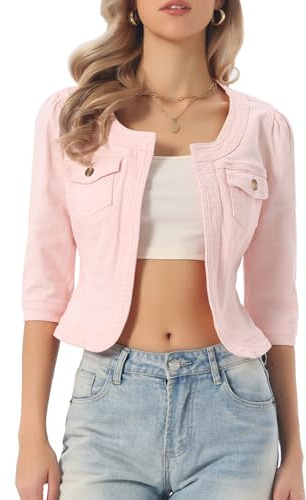 Allegra K Veste en Jean pour Femme Sans Col à Manches 3/4 Devant Ouvert Blouson en Demin Délavé