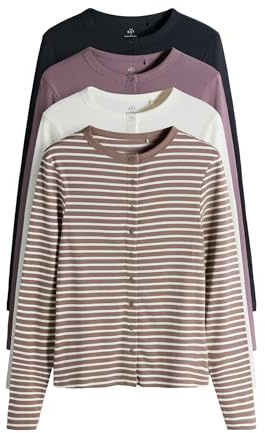 THE SET Damen Gerippte Langarmshirts mit Durchgehender Knopfleiste, 4er-Pack Navy/Pink/White/Stripe x_s