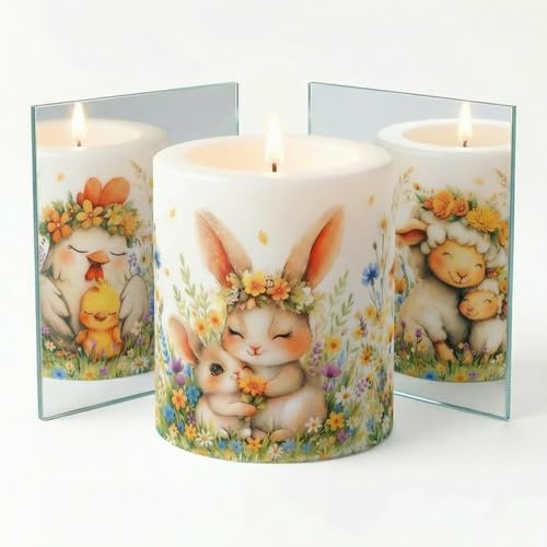 Kerze rund Fröhliche Frühlingstiere mit Hase, Schaf, Huhn als Tischdeko. Stumpenkerze Motiv zum Geburtstag, Party, Ostern, Taufe, Geburt Ø8 x Höhe 9cm