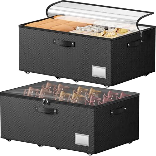 Mavivegue 63L Under Bed Storage on Wheels,2 Pack Underbed Storage Bins | Grey Under Bed Storage Box with Lid & Label, Underbed Storage Boxes for Clothes, Shoes, Blankets, Toys