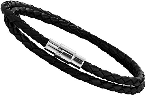 Flongo Leder Armband, Edelstahl Echtleder Armband Armreif Lederarmband Manschette Schwarz Silber Geflochten Surfer Wickelarmband Magnet Schließe Verschluss Herrenarmband Damenarmband, 7,5 Zoll