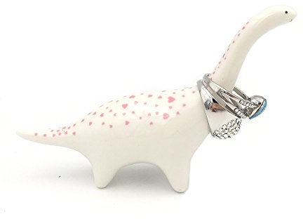 OYLZ Niedlicher kleiner Dinosaurier-Schmuck-Ringhalter aus Keramik mit rosa Herzpunkten