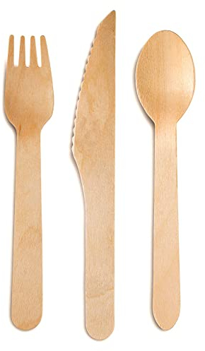 HEYNNA® couverts jetables écologiques en bois – 100% biodégradable - couverts en bois (40 couteaux, 40 fourchettes, 40 cuillères)