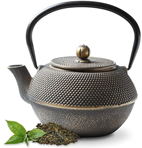 Tealøv Arare TEIERA in GHISA Smaltata – Teiera Ghisa di Alta qualità - con Infusore in Acciaio Inox – Design Elegante, per Preparare Ottimo Te – Bollitore in Stile Giapponese (1100 ml, Nera Ora)
