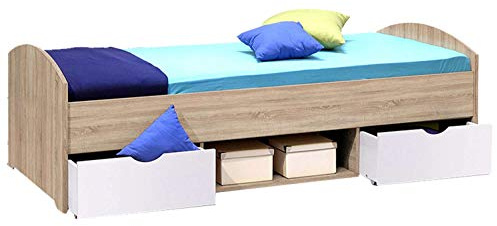 AVANTI TRENDSTORE - Nemu - Fusto Letto per Camera da Ragazzi o Bambini, con 1 vano Aperto e 2 cassetti, Disponibile in 2 Diversi Colori, Dimensioni: Lap 96x66x204 cm (Marrone/Bianco)