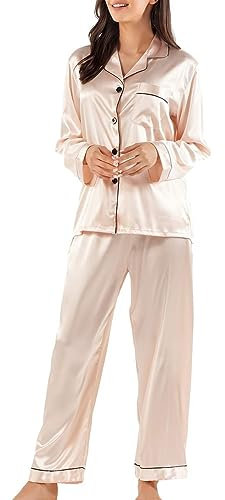 GAESHOW Pigiama Donna Estivo, Pigiama Donna Estivo in Raso con Bottoni, Pigiami Due Pezzi a Maniche Lunghe e Pantaloni Lunghi Morbido Comodo Set Pigiama S-XXL