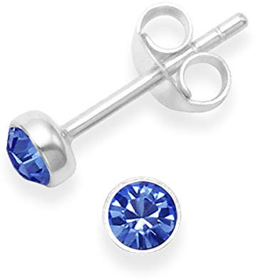 Sterling Silver Blue Cubic Zirconia Stud Earrings - Royal Blue Cubic Zirconia earrings - SIZE: 4.5mm. MUCH SMALLER THAN SHOWN. Gift Boxed 5554DB