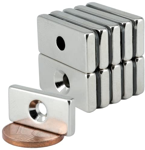 Neodym Magnet mit Bohrung und Senkung 20x10x3mm 3 KG Quader - Senkkopfschraube - M3 Senkloch zum anschrauben - Senkbohrung Senkkopf [10 Stück]