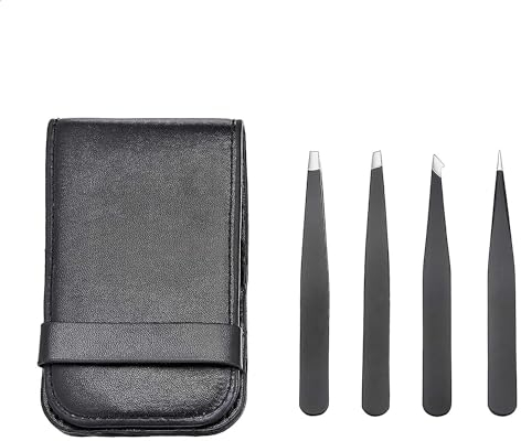 Amazon Basics Lot de 4 pinces à épiler - Pinces professionnelles en acier inoxydables pour les poils du visage, les cils, les sourcils et les poils incarnés, étui de transport inclus, noir