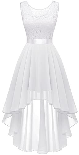 Berylove Weißes Kleid Hochzeit Kleid Brautjungfernkleid Weiß Vokuhila Spitzenkleid Elegant Cocktailkleid Ärmellos Abendkleid Chiffon BLP7035 White XL