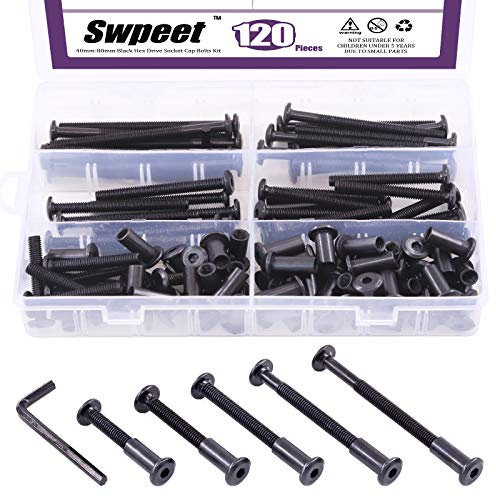 Swpeet Lot de 120 boulons hexagonaux M6 x 40 mm/50 mm/60 mm/70 mm/80 mm en acier au carbone noir avec 1 clé hexagonale, tige de vis pour meubles, boucle de ceinture à tête longue, boulons de reliure