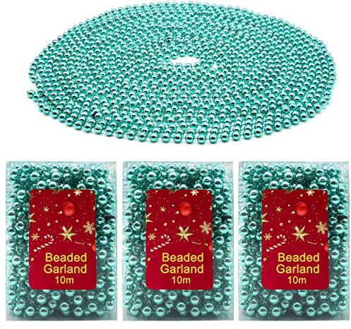 3 Stück Weihnachten Perlenketten, je 10M Luxus Kunststoff Girlande, Weihnachtsbaum Hängende Ornamente, Party Dekoration (3x Türkis Perlengirlande)
