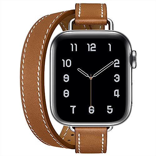 Fsavlroy Compatible with Apple Watch Band 38/40/41mm 42/44/45/49mm,Genuine Leather Women Double Tour Slim Wristband for iWatch SE Series 10/9/8/7/6/5/4/3 (42/44/45/49mm, Brown)