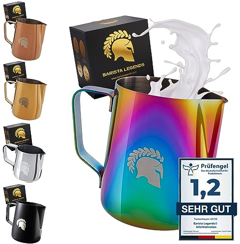 Barista Legends® Milchkännchen Edelstahl 350ml Bunt - mit speziellem Latte Art Ausguss - Milchkanne für Hobby Barista in beeindruckenden Farben