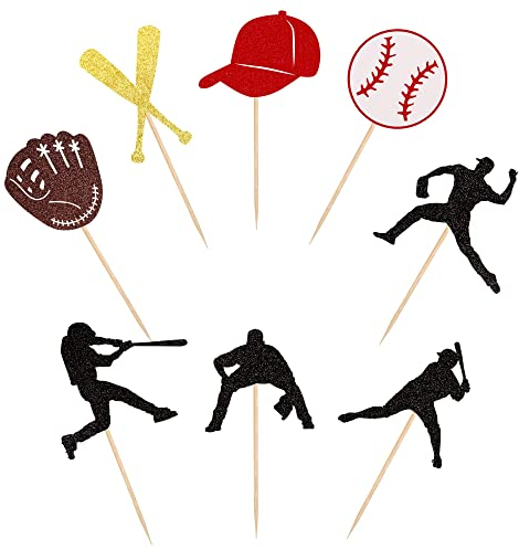 24 Stück Baseball Cupcake Toppers Baseball Tortendeko Sport Thema Ball Spieler Muffin Dekoration mit Glitzer-Sportthemen-Ballspieler Cupcake-Picks Baseball-Thema Baby Shower Party Kuchen Dekoendeko