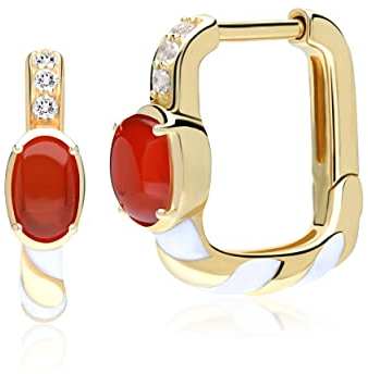 Sibirischer Waltz Karneol & Weiß Topas Quadrat Reifen Ohrringe 18ct Vergoldet Silber