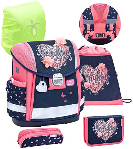 Belmil Schulranzen Set 5 - teilig ergonomischer Schulranzen Set mit Regenschutz 1. klasse 2. klasse 3. klasse - Super Leicht 930-990 g/Grundschule (Beautiful Flowers)