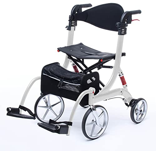 Besco Medical 2 in 1 Rollator-Rollstuhl SPRING VARIO - Leichtgewicht Rollator mit Rollstuhlfunktion & Komfort-Federung - faltbar, höhenverstellbar & umbaubar zum Transportstuhl - Modell M Polarweiß