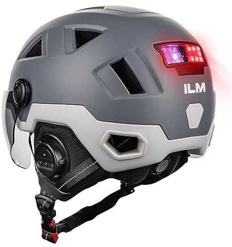 ILM Smart Bluetooth Fahrradhelm Damen Herren mit Visier Warnung Bremse LED Lichtsensor Lichtfunktion Kopfneigen Blinken Auszulösen Modell E3-12LSBT,Bluetooth Grau,XXL