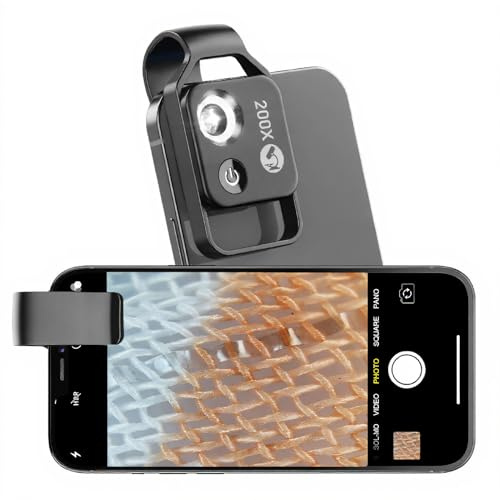 Mini Microscope de Poche pour Téléphone 200X, Microscope Universel pour Téléphone avec Lumière LED et Polariseur CPL, Microscope Numérique Portable pour Smartphones iOS et Android (Noir)