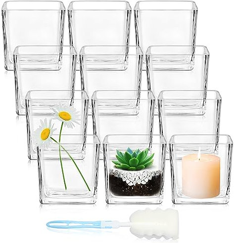 HWASHIN Lot de 12 vases carrés en verre transparent de 7,6 x 7,6 cm, mini vases carrés en verre avec brosse éponge pour centres de table