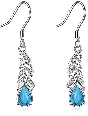 Feder Ohrringe S925 Sterling Silber Türkis Tropfen Ohrhänger Schmuck Geschenke für Damen Mutter (Türkis)