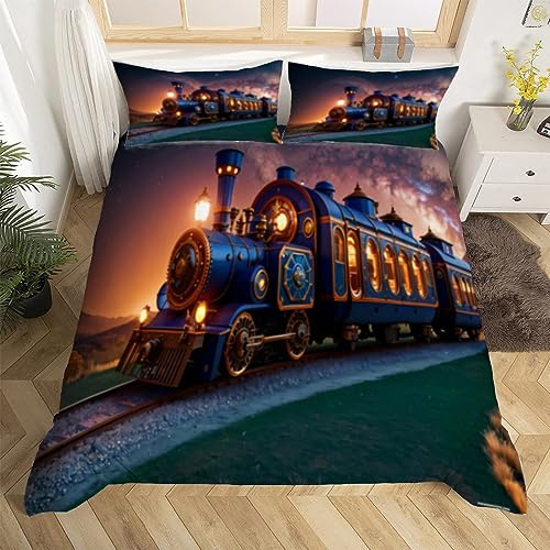 3D Kinder Zug Bettwäsche 135x200 Dampflokomotive Weiche Microfaser Bettwäsche-Sets Bettbezug mit Reißverschluss und 2 Kissenbezug 80x80 cm