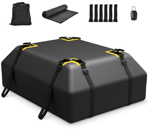 GiantexUK 15/21 Cubic Feet Car Roof Bag for Car Suv (Black, 424L) | Waterproof Cargo Top Carrier with Non-Slip Mat, Combination Lock, 6 Door Hooks & Straps, Rooftop Luggage Storage Box