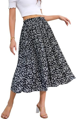 Hotouch Sommerrock Damen Lang Retro Chiffon Rock Elastische Taille Plisseerock Elegante Strandrock Frühling Sommer Maxirock mit Tasche Weiße Blume Größe L