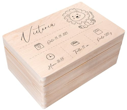 Creative Deco Erinnerungsbox Baby Personalisiert mit Namen - Löwen | 30 x 20 x 14 cm | Individuelle Erinnerungskiste Geschenk zur Geburt für Mädchen und Jungen | Holzkiste mit Deckel | Farbdruck