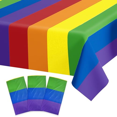 UNIIDECO Pride Regenbogen-Tischdecke, 137 x 274 cm, Einweg-Tischdecke, rechteckig, Tischdecke für Regenbogen-Geburtstagsdekorationen, Babyparty, Gay-Pride-Monatsparty, 3 Stück