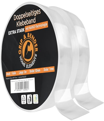 Doppelseitiges Klebeband - Nano Tape Doppelseitig Transparent und Extra stark – Spurloses Nano Klebeband – Multifunktionales Rutschfestes Nanotape extra dünn (1mm) (2 x 5 Meter (10mm Breite))