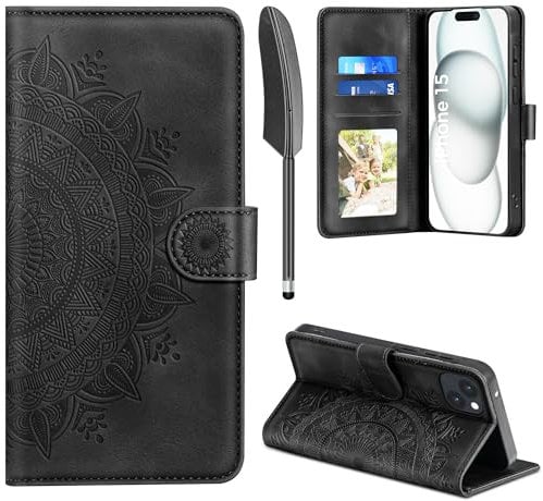 EASDNB Lederhülle für iPhone 15 Hülle, Handyhülle für iPhone 15 Flip Wallet PU Leder Case [Kartenfach] [Magnet] [Ständer] Prägung Klapphülle Schutzhülle für iPhone 15, Schwarz