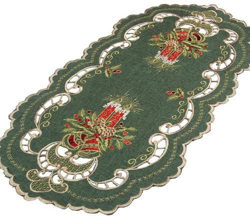 HanaQi - Bestickte Weihnachtskerzen-Tischläufer, Platzdeckchen Dunkelgrün Leinenoptik Polyester ca. 35x70 cm Oval