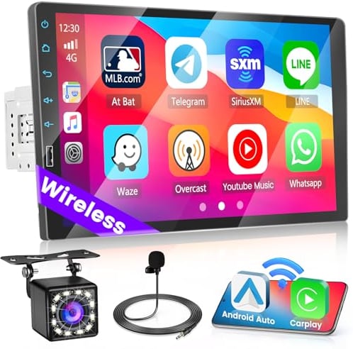 Hikity 1 DIN Radio de Coche Wireless Carplay Android Auto, 9 Pulgadas Pantalla Táctil Autoradio con Manos Libres Bluetooth FM Radio Mirror Link para Android iOS Cámara de Marcha Atrás